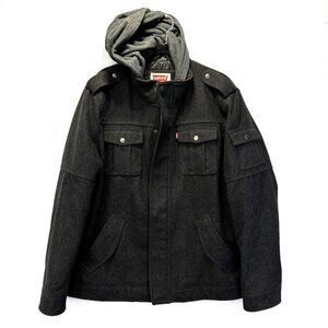 Levi's Wool Blend Hooded Jacket Quilted Mens XL Charcoal Gray Military Coat